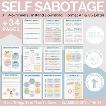 Preview of 34 Self sabotage Worksheets bundle, Self sabotage workbook, therapy worksheets,