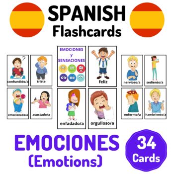 34 Spanish Emotions Vocabulary Flashcards - Emociones Vocabulario Español