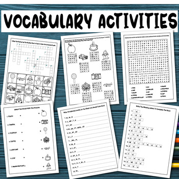 Preview of Vocabulary Worksheets, Word Search Puzzles, Missing Letters, Crossword For Kids