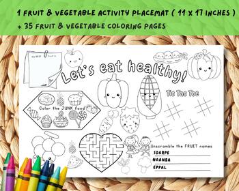 Preview of 35 Fruit and Vegetable Coloring Pages for kids and 1 Activity Placemat