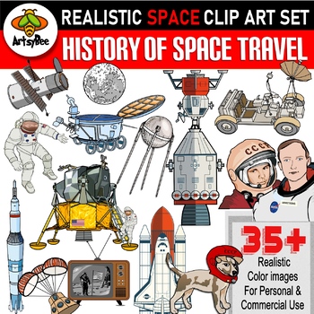 Preview of 35+ History of Space Travel & Moon landing Realistic Color Clip art set