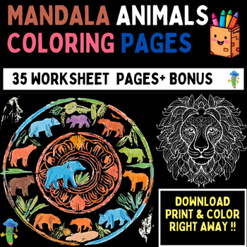 Preview of 35 MANDALA - WILD ANIMALS COLORING PAGES + BONUS - CHALLENGE