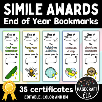 Preview of 35 Simile Awards | End of Year ELA Certificate Bookmarks for Student Gifts
