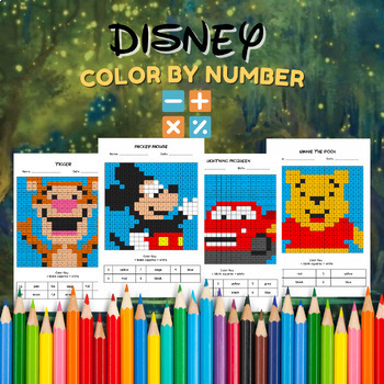 Preview of 36 Disney Math Coloring Pages Color by Number | Math Worksheets