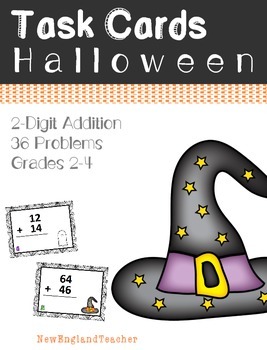 Preview of 36 Halloween Themed 2 Digit Addition Task Cards with Carrying (Grade 1 - 2)