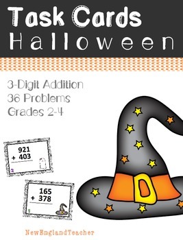 Preview of 36 Halloween Themed 3 Digit Addition Task Cards with Carrying (Grade 2-3)