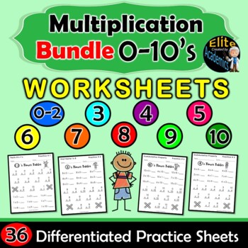 Preview of 36 Multiplication Differentiated Practice Worksheets 0-10's BUNDLE