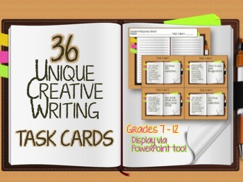 Preview of 36 UNIQUE Creative Writing Task Cards + PowerPoint Slides - Spark Creativity