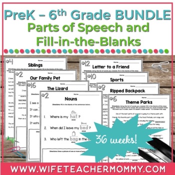 Preview of 36 Weeks of Parts of Speech & Fill in the Blank for PreK-6th Grade PRINT BUNDLE