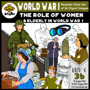 Preview of 36 World War I  Clipart Images: Role of Women & Elderly in the Great War - SET 1