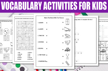 Preview of Vocabulary Worksheets For Kids, Word Search, Missing Letters, Crossword Puzzles