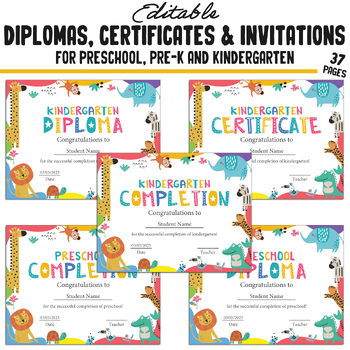 Preview of 37 Editable Kindergarten Certificates of Recognition, Pre-K, Preschool Diplomas