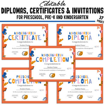 Preview of 37 Editable Kindergarten, Pre-K, Preschool Certificates, Diplomas & Invitations