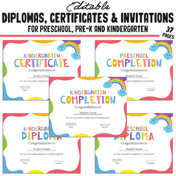 Preview of 37 Editable Kindergarten, Pre-K, Preschool Diplomas, Certificates of Completion