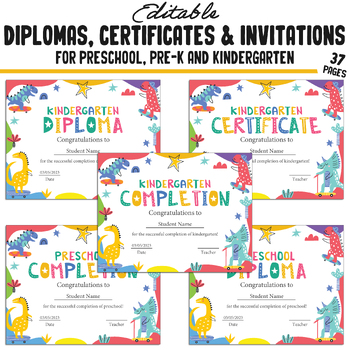 Preview of 37 Editable Kindergarten, Pre-K, and Preschool Completion Certificate Diplomas