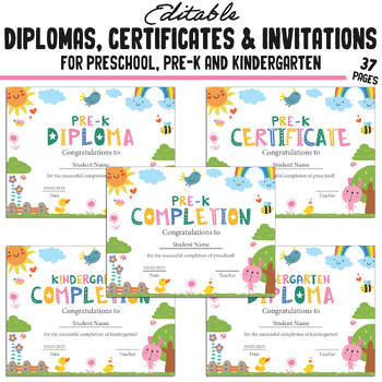 Preview of 37 Editable Pre-K Completion Certificates, Kindergarten, Preschool Diplomas