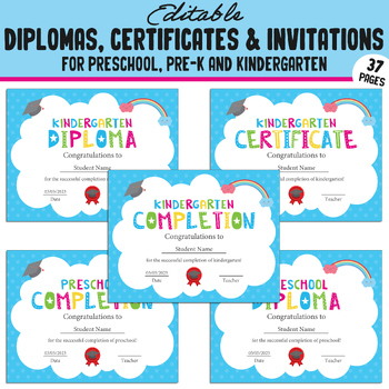 Preview of 37 Editable Pre-K, Preschool, Kindergarten Diplomas, Certificates & Invitations