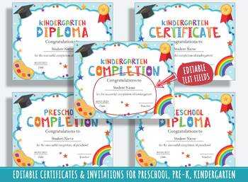 Preview of 37 Editable PreK & Kindergarten Diplomas, Certificates, Completion & Invitations
