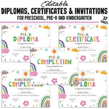 Preview of 37 Editable Printable Pre-K, Kindergarten, and Preschool Diploma and Invitations