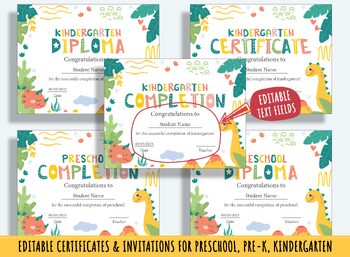 Preview of 37 Pages of Editable Diplomas, Certificates, Invitations for Kids - Theme: Dino