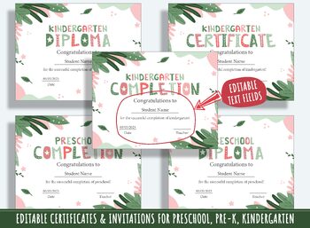 Preview of 37 Pages of Floral-themed Diplomas, Certificates, and Invitations for PreK and K