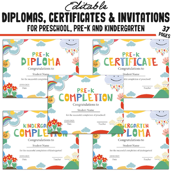 Preview of 37 Pre-K Certificate Templates, Spring Themed, Kindergarten, Preschool Diplomas