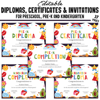Preview of 37 Printable Pre-K, Kindergarten, Preschool Diplomas, Certificates, Invitations