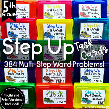 Preview of 5th Grade Math Word Problems Task Cards Multi-step Math Spiral Review