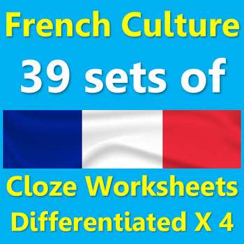 Preview of 39 French cloze worksheet sets, differentiated x4
