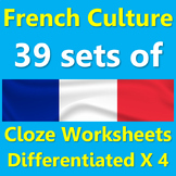 39 French cloze worksheet sets, differentiated x4