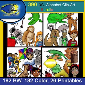 Preview of 390 Pc. BUNDLE: ALL Initial "A-Z" Kinder Clip-Art & WS! BW, Color