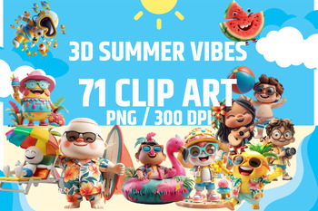 Preview of 3D Cartoon Summer Vibes Clip Art Digital Paper Transparent Background