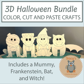 Preview of 3D Halloween Bundle - Color, Cut and Paste Crafts - Witch, Bat, Monster, Mummy