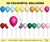 3D Inflated Balloons Clipart, 46 PNG graphics, colourful balloons