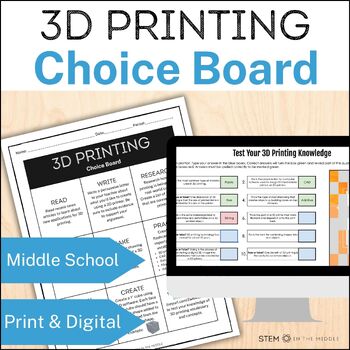 Preview of 3D Printing and CAD Choice Board Activities Middle School STEM and Technology