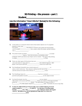 3D Printing--the Process--part 1--Handout, Worksheet and Key by Art To