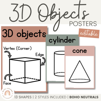 Preview of 3D Shape Posters | BOHO NEUTRAL Color Palette | Editable Neutral Classroom Decor