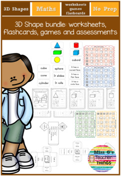 Preview of 3D Shape bundle: 10 worksheets, flashcards, dice games, assessments