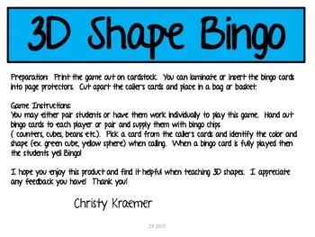 Preview of 3D Shapes Bingo