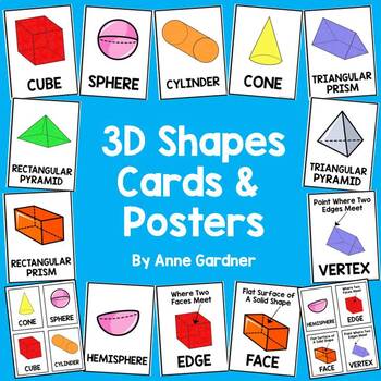 Preview of 3D Shape Cards & Posters for Math Word Wall: 1st & 2nd Grade Geometry Flashcards