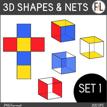 Preview of 3D Shapes Clipart - 3D Shapes with Nets - SET 1 - CUBES AND RECTANGULAR PRISMS