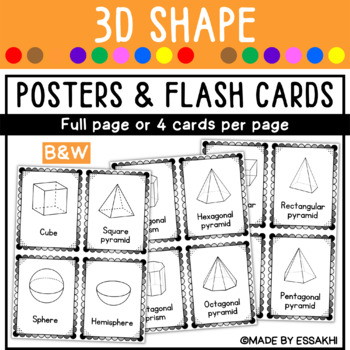 Preview of 3D Shape Posters & Flash cards | Classroom Decor for 3D Shape Recognition (B&W)