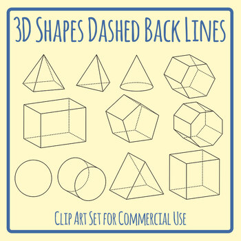 3D Shapes with Dashed Back Lines - Solid Shapes Clip Art Set Commercial Use