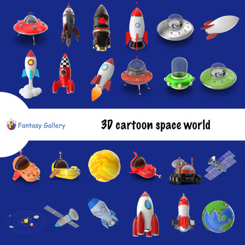 Preview of 3D cartoon space world, including planets as well as rockets and UFOs