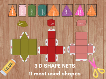 Preview of 3D shape nets,11 most used shapes, Geometry activity, Printable, nets