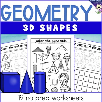 Preview of 3D shapes geometry worksheets includes color, search, match, cut and paste