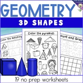 3D shapes geometry worksheets includes color, search, matc
