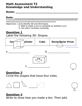 Preview of 3DShapes and Addition Math Assessment-First Grade