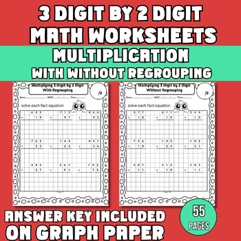 Preview of 3Digit by2Digit Multiplication with without Regrouping Worksheets on Graph Paper