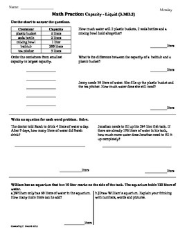 Preview of (3.MD.2)Capacity/Liquid-3rd Grade Common Core Math Worksheets